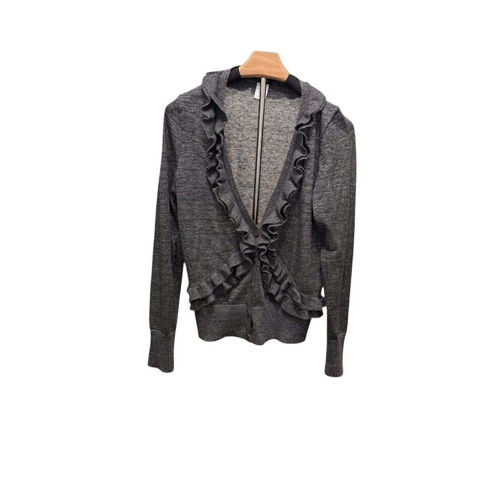 J Crew Gray Ruffle V Neck Traversa Cardigan Sweater Sz‎ M 7% Merino Wool